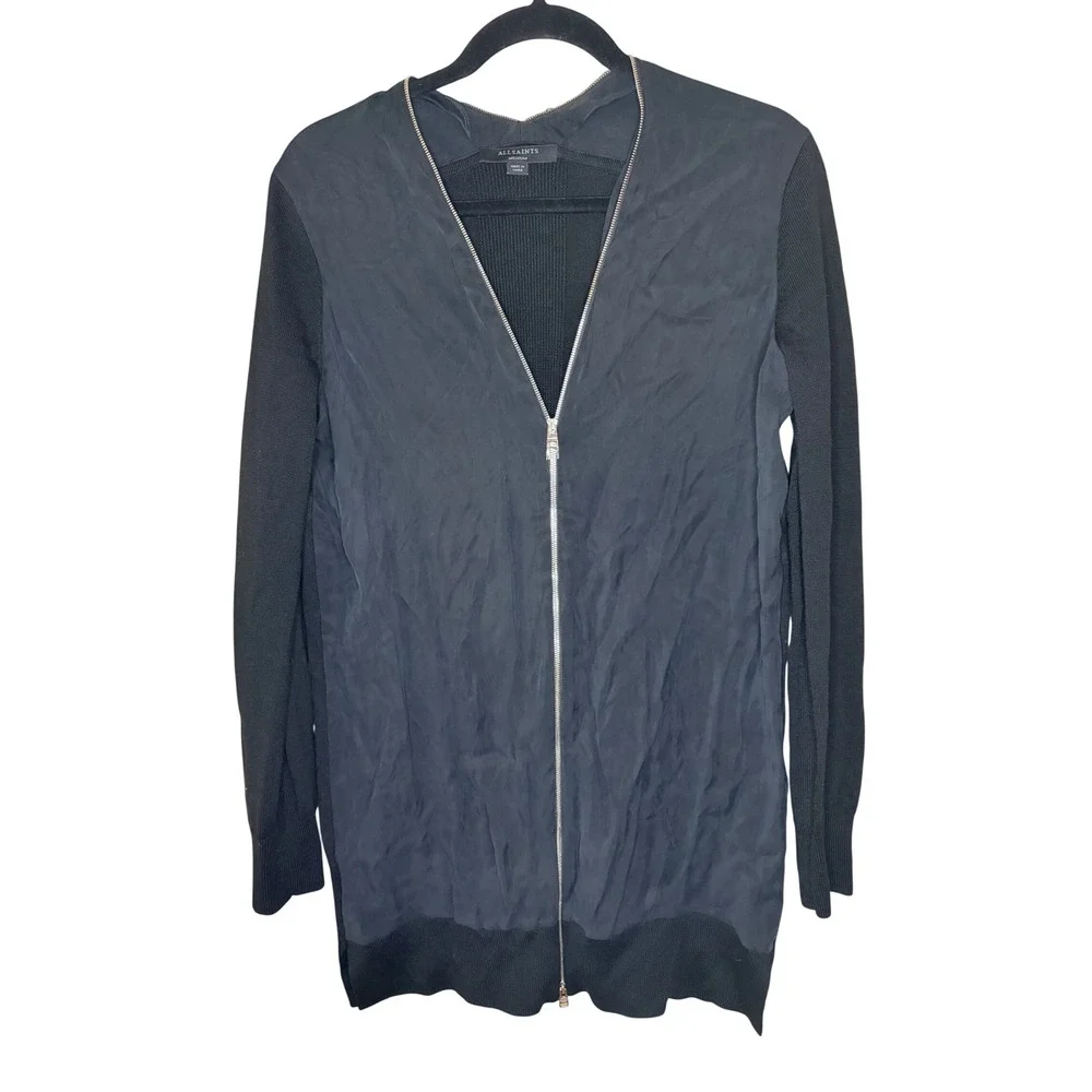 AllSaints Black Wool Cupro Mixed Media Full Zip Cardigan Sweater Medium